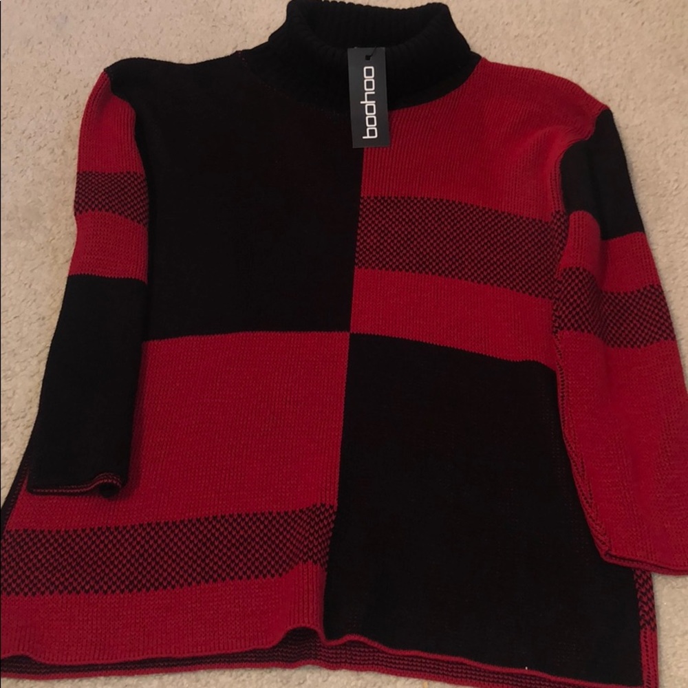 Red and Black Loose Turtleneck Sweater